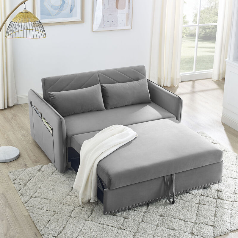 Pull-out sofa sleeper, 3-in-1 adjustable sleeper with pull-out bed, 2 lumbar pillows and side pocket, soft velvet convertible sleeper sofa bed, suitable for living room bedroom.