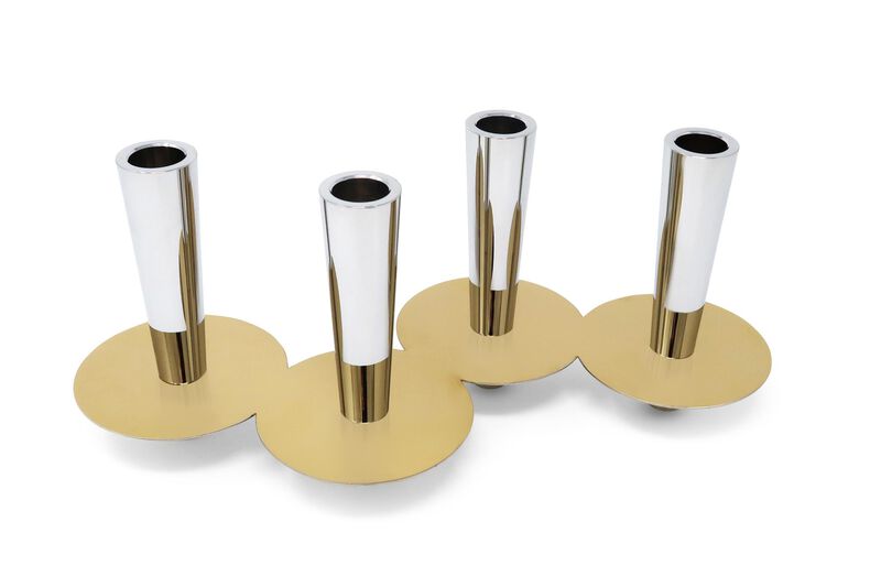 HomeRoots 6" Silver And Gold Stainless Steel Tabletop Four Light Taper Candle Holder image number 0