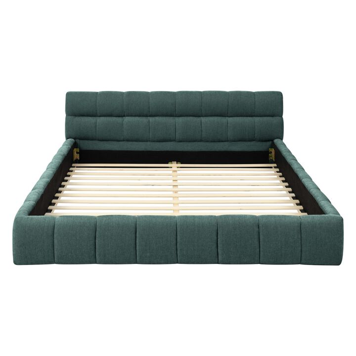 Queen Size Upholstered Bed Frame With Thick Fabric, Chenille Fabric Grounded Platform Bed With Headboard And Solid Frame-Cuddlewood
