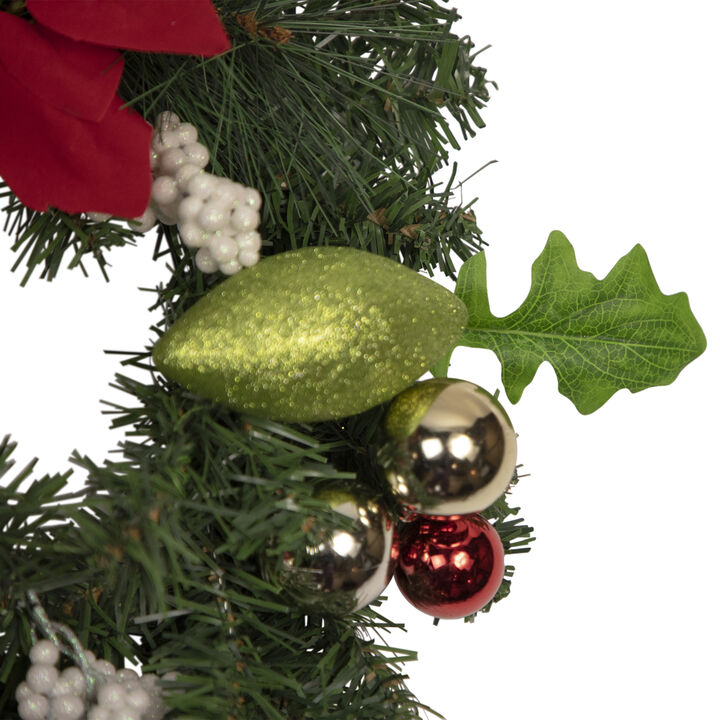 Decorated Red and Green Poinsettia and Pine Artificial Christmas Wreath  24-inch  Unlit