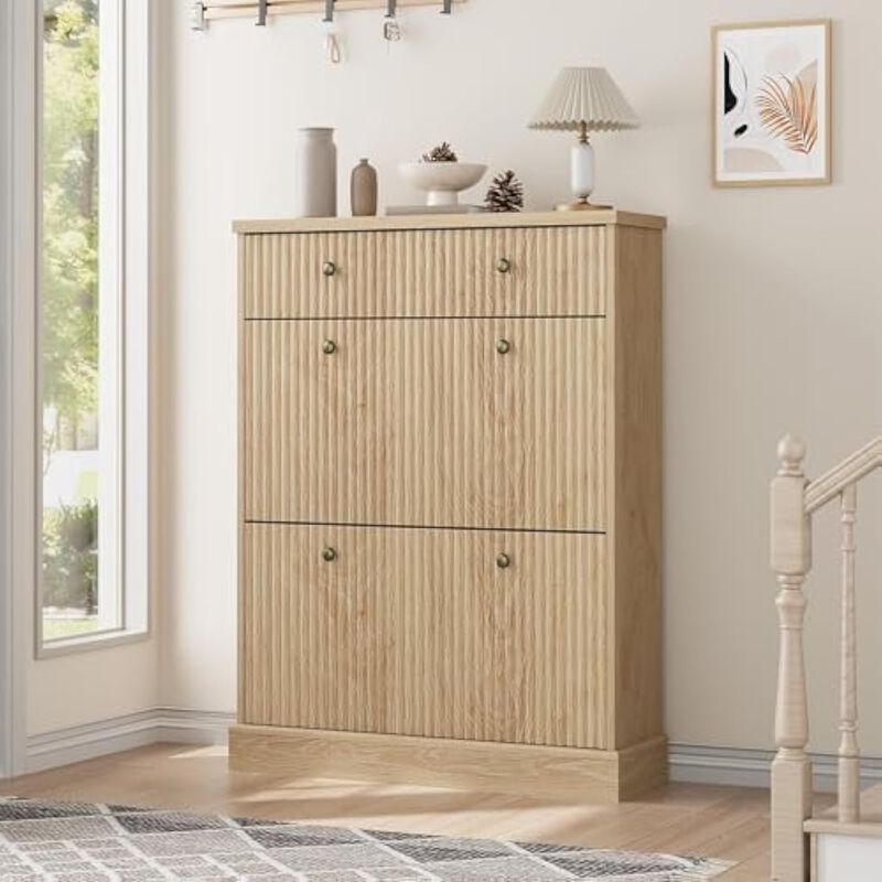 Slim Entryway Wood Shoe Storage Cabinet Flip Drawer Adjustable Natural Oak image number 3