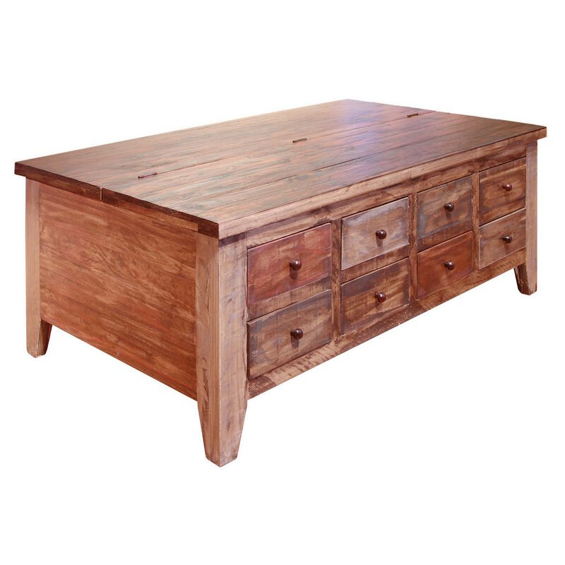 Fena 50 Inch 8 Drawer Coffee Table, Lift Top, Multicolor Distress Pine Wood-Benzara image number 1