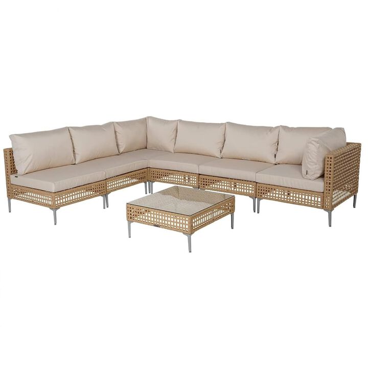 Mondawe Outdoor All Iron Detachable Rattan Corner Sofa Set,UV Resistant Waterproof Pad Sofa Set