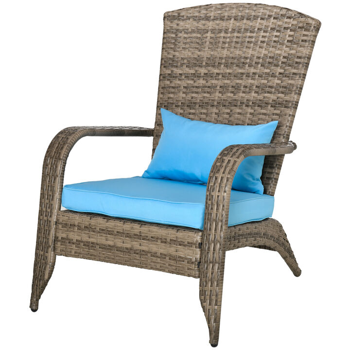Outsunny Patio Wicker Adirondack Chair, Outdoor All-Weather Rattan Fire Pit Chairs w/ Soft Cushions, Tall Curved Backrest, and Comfortable Armrest for Deck or Garden, Sky Blue