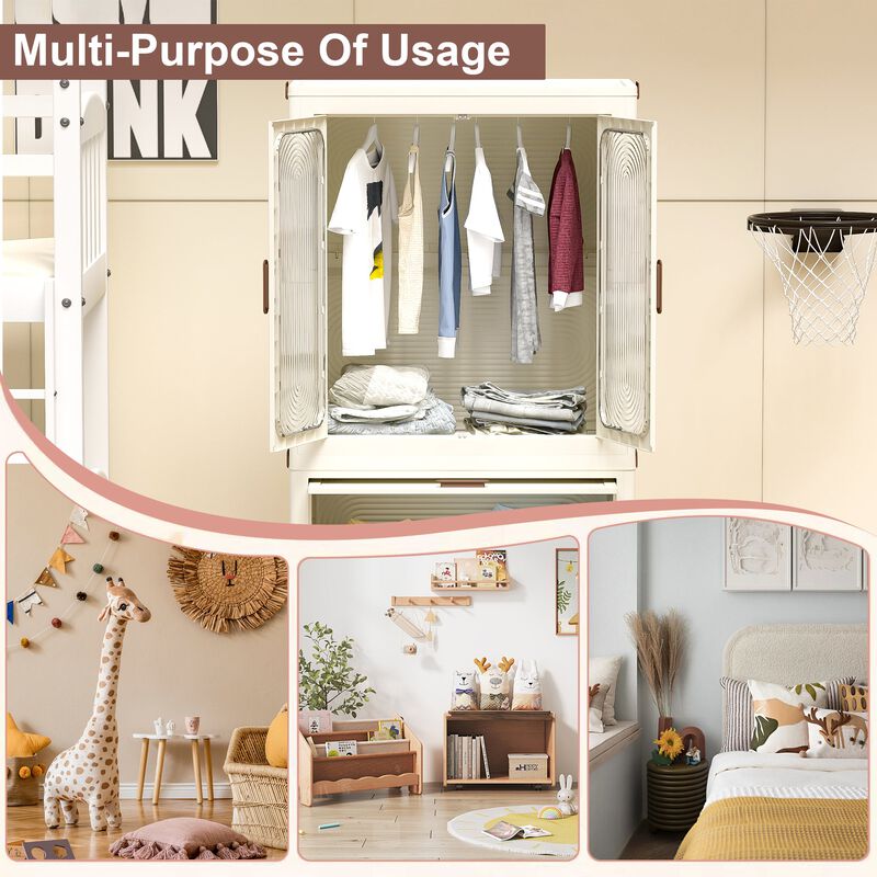 Clihome Portable Wardrobe Closet Storage Organizer,Clothes Dresser,Magnetic Doors with 4 Cubes & Hanging Rod image number 7