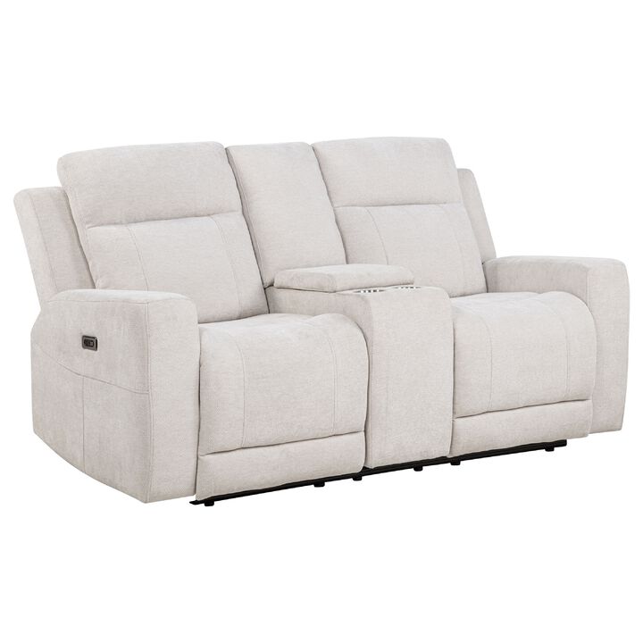 Kenie Power Reclining Loveseat with Console, Ivory Chenille Fabric