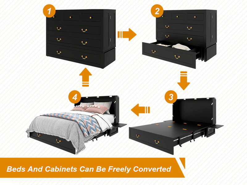 Queen Murphy Bed, Murphy Bed with Drawer Includes Storage Cabinet,USB and Charging Port,Black