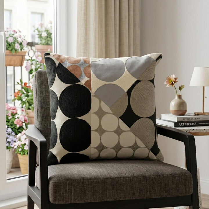 HomeRoots 24" Beige and Black Geometric Cotton Throw Pillow With Embroidery