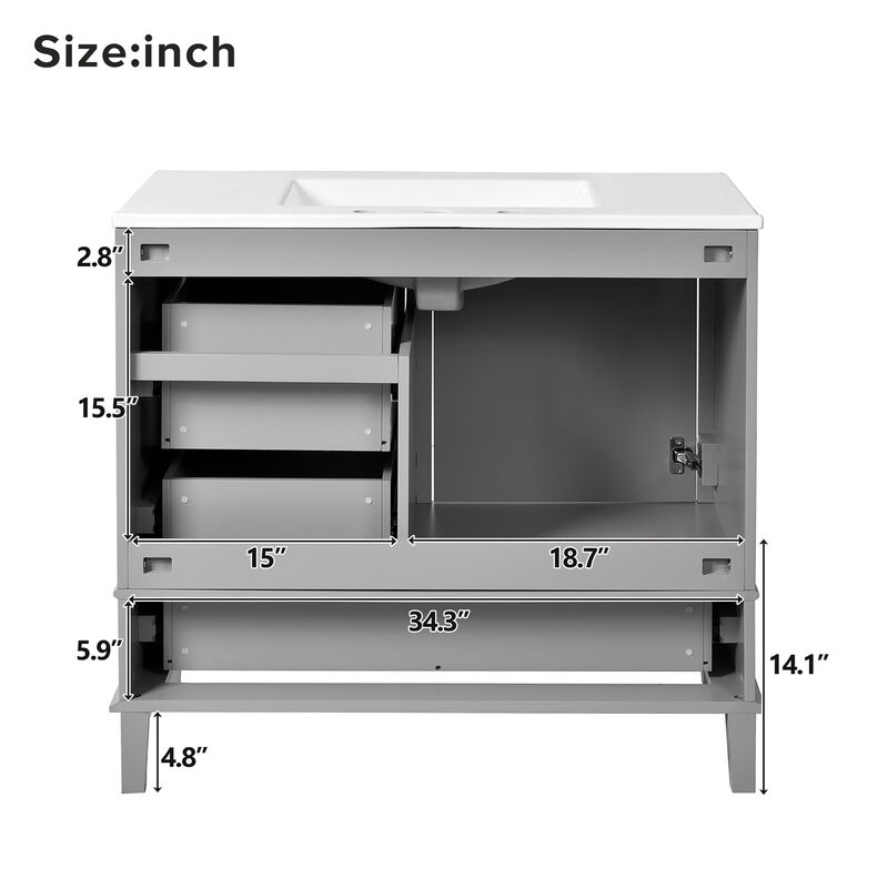 Whisen 36 in. Bathroom Storage Cabinet Bathroom Vanity with Ceramic Sink, Soft Close Door and 3 Drawers