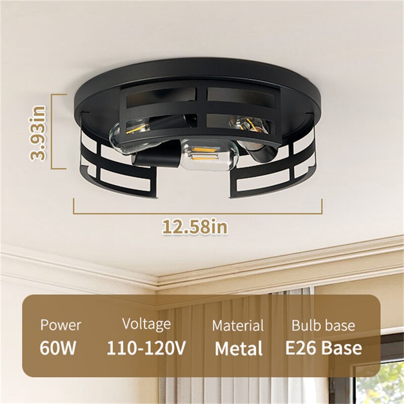 13 in. 3-Light Black Flush Mount Ceiling Lamp (Set of 2) image number 5