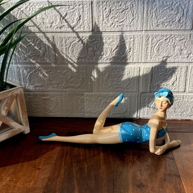 Retro Beach Beauty Sunbathing Figurine Aegean Blue Polka Dot 13.25 inch image number 5