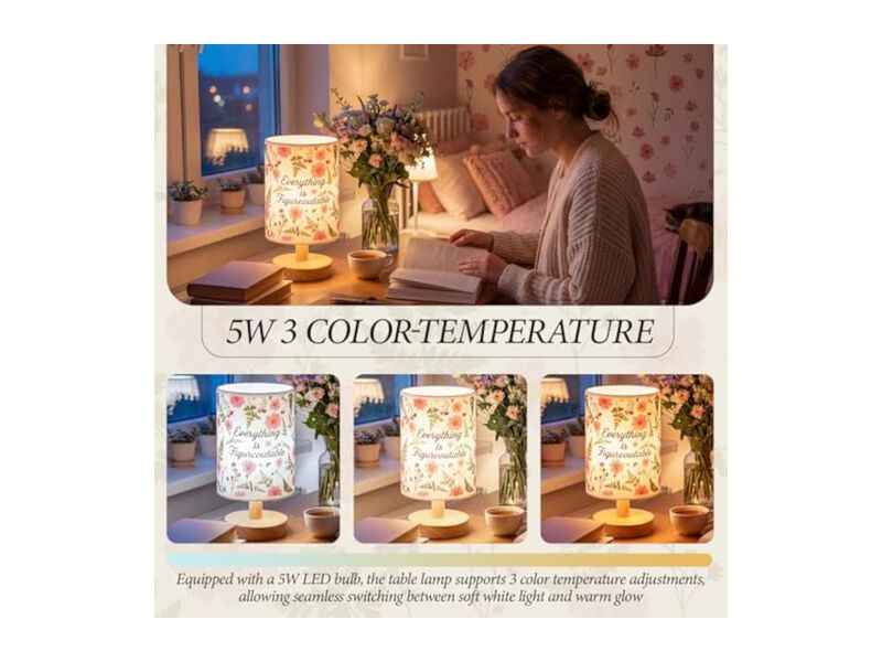LED 3 Color Boho Wood Linen Flower Table Lamp For Office Bedside Dorm image number 2