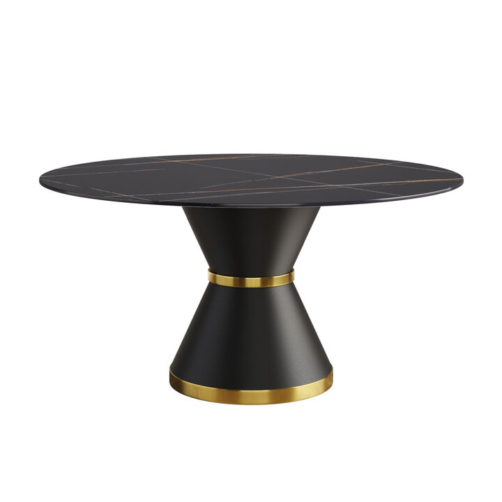 59.05" Modern artificial stone round black carbon steel base dining table-can accommodate 6 people