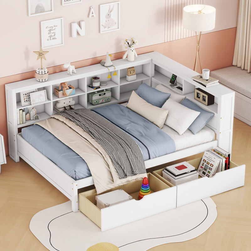 Merax White Wooden Daybed with Double-Tier Storage Shelf image number 3