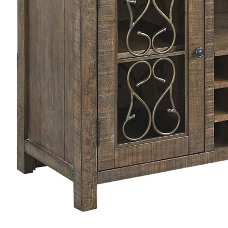 Ral 56 Inch Wood Sideboard Wine Bar Cabinet, Metal Scroll, Rustic Brown
