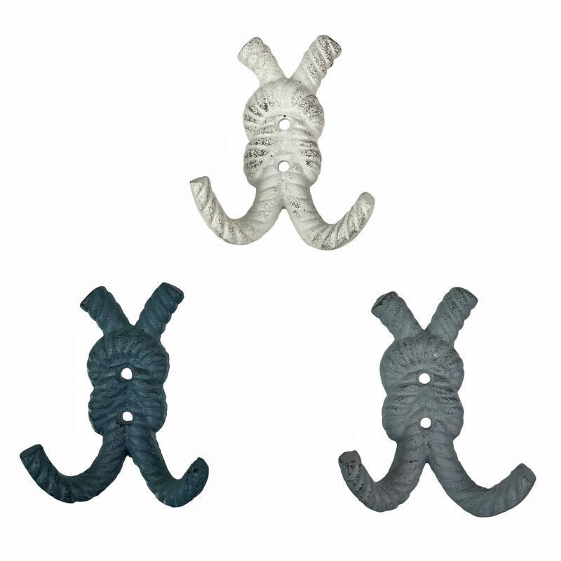 Zeckos 4 Inch Cast Iron Rope Knot Wall Hooks, Set of 3 Nautical Coastal Double Hooks in Green, Blue and White with Matching Screws, Decorative Entryway, Bathroom or Beach House Wall Storage image number 0