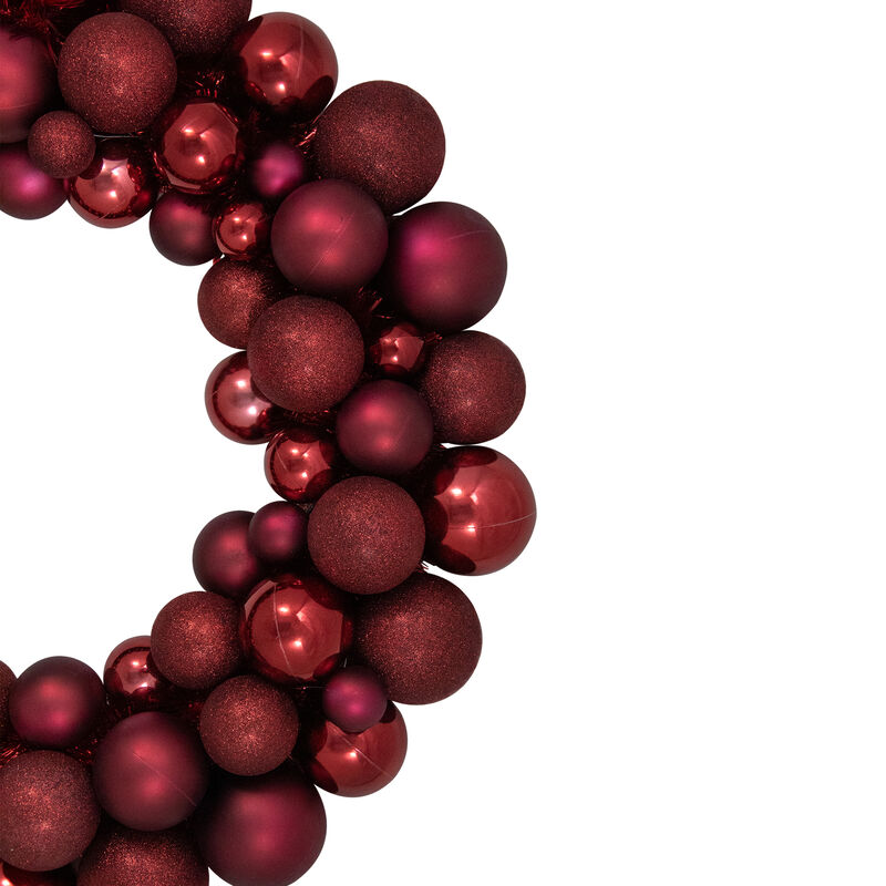 Burgundy 3-Finish Shatterproof Ball Christmas Wreath - 24"  Unlit
