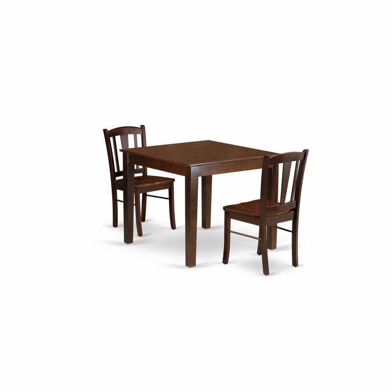 OXDL3-MAH-W - 3-Pc Dining Room Table Set- 2 Wooden Chair and Kitchen Dining Table - Wooden Seat and Slatted Chair Back - Mahogany Finish
