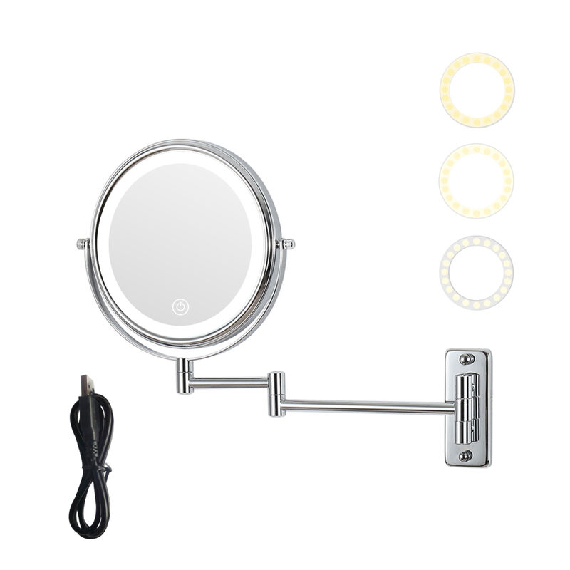 8-inch Wall Mounted Makeup Vanity Mirror, 3 colors Led lights, 1X/10X Magnification Mirror, 360° Swivel with Extension Arm (Chrome Finish)