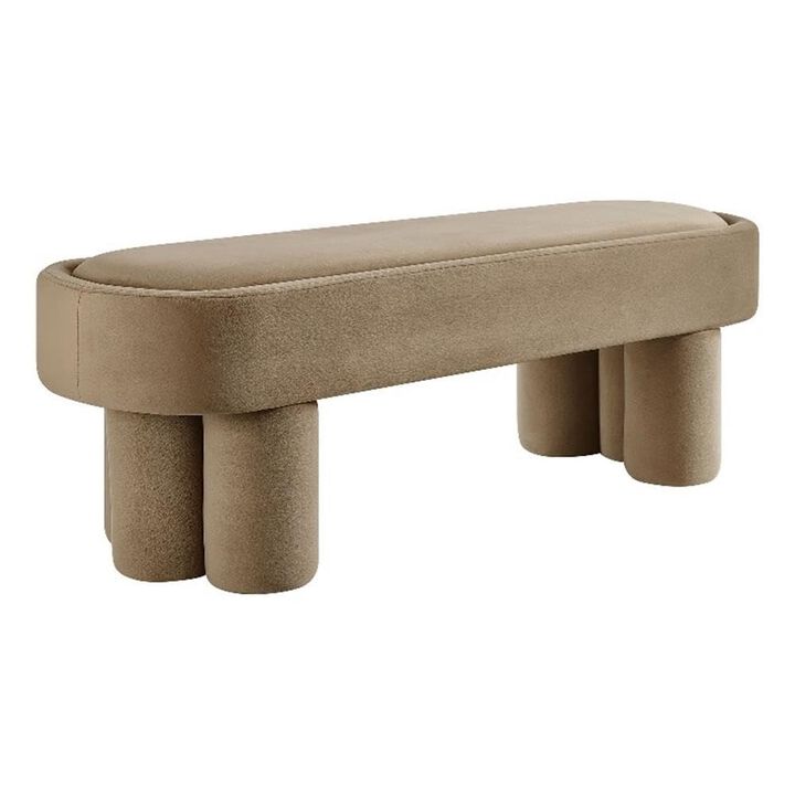 Modway Mossi 52-Inch Modern Oval Performance Velvet Bench in Alabster &ndash; Upholstered Accent Bench with Cylindrical Clover-Leg Base for Bedroom, Entryway, or Living Room