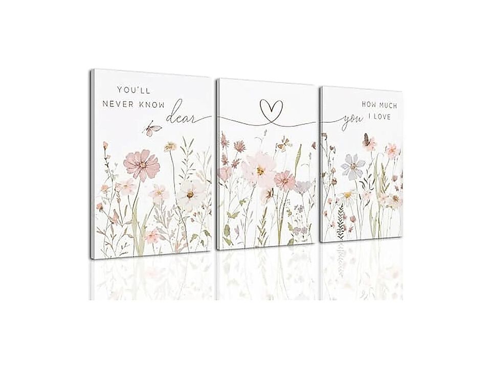 Rustic Floral Wall Art Set 3 Watercolor Wildflower Heart Line Inspirational Room