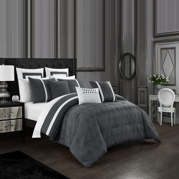 Chic Home Arlow Comforter Set Jacquard Geometric Quilted Pattern Design Bedding Grey, Queen