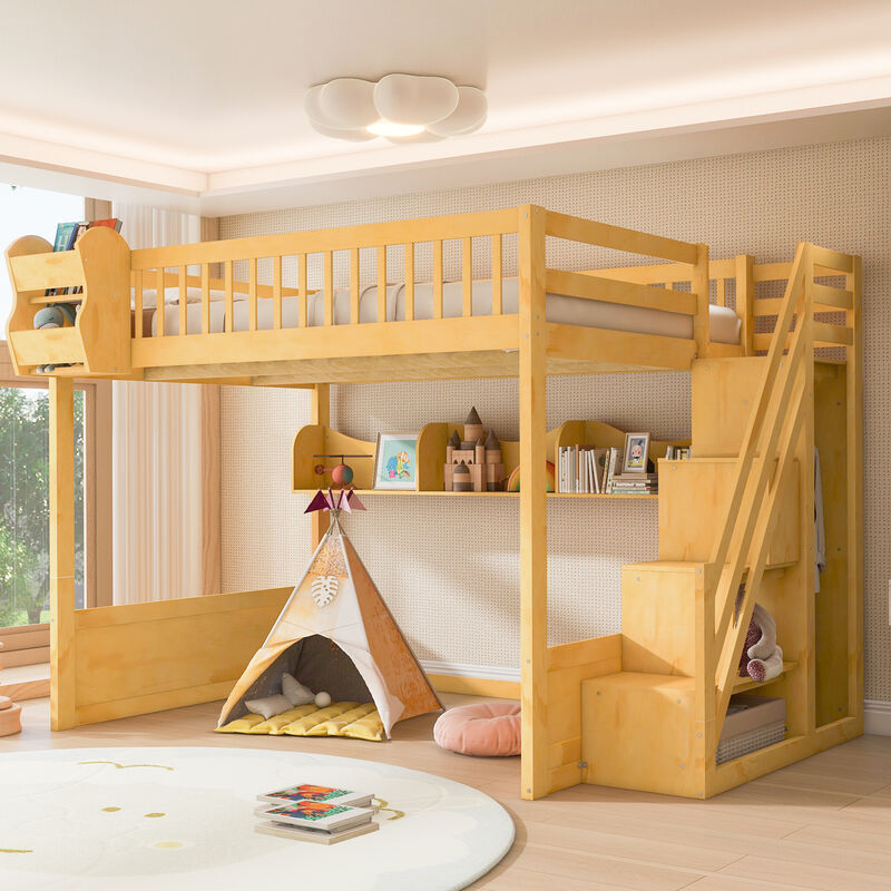 Merax Natural Wood Loft Bed with Storage Stair Wardrobe image number 2