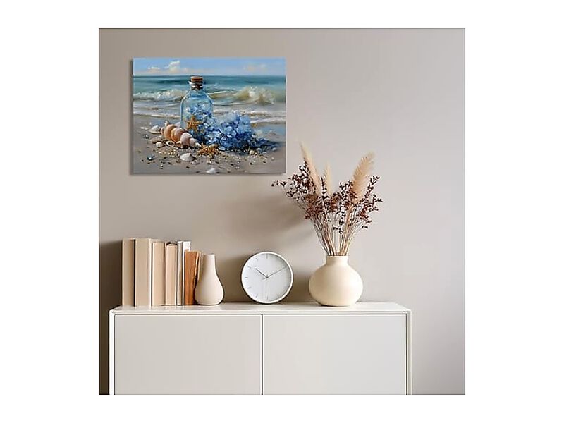 Coastal Beach Wall Art Canvas Bathroom Blue Ocean Seashells Glass Bottle Decor image number 3