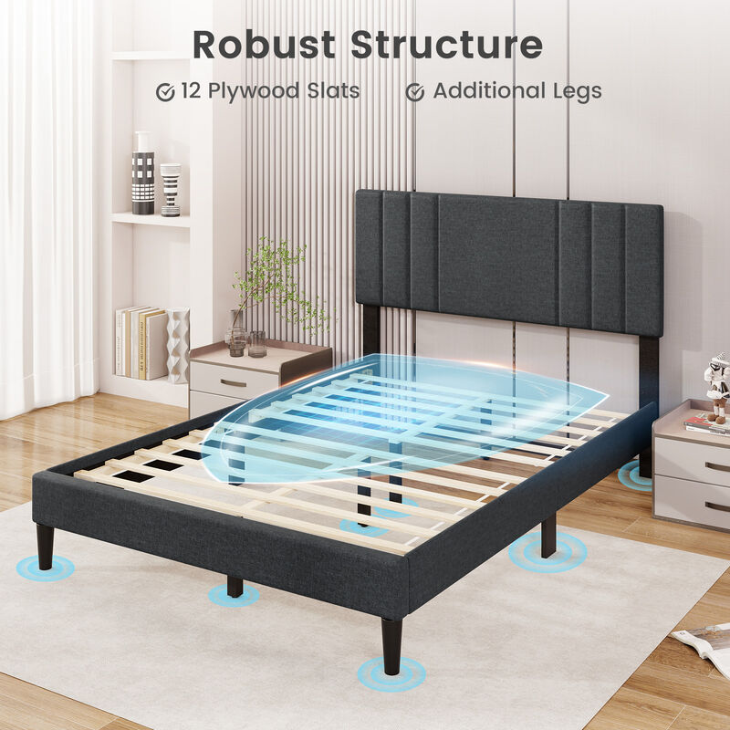 Tufted Headboard Bed Frame with Vertical Panels and Wood Slats for Support