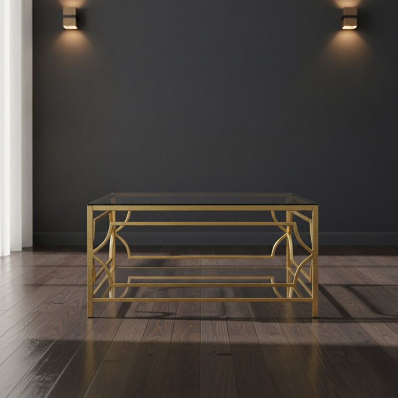 GOODSILO 33.5 Inch Square Tempered Glass Coffee Table with Geometric Metal Frame, Lower Storage Shelf for Modern Living Space Use image number 3