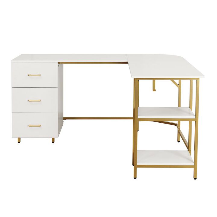 Techni Mobili L-Shape Home Office Two-Tone Desk with Storage, Gold