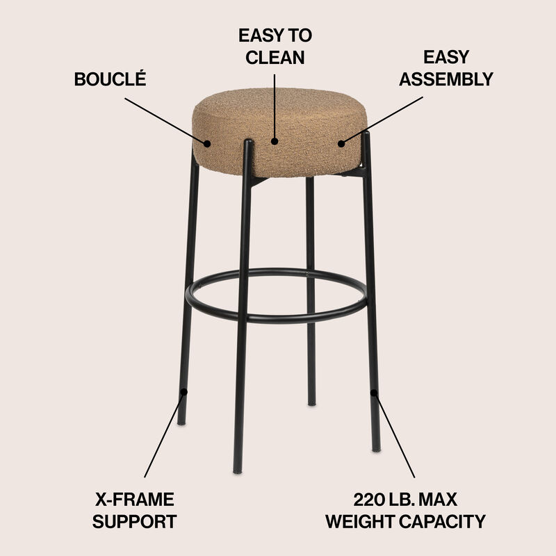 Paola Modern Minimalist Round Backless Metal/Bouclé Cushioned Bar Stool