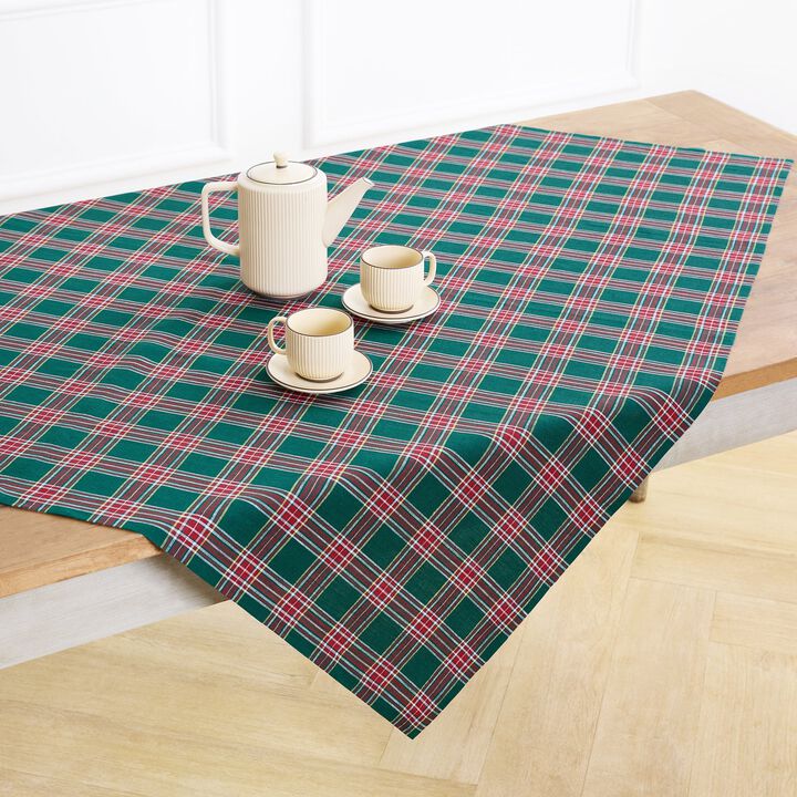 Linen Table Throw - Green Tartan Plaid