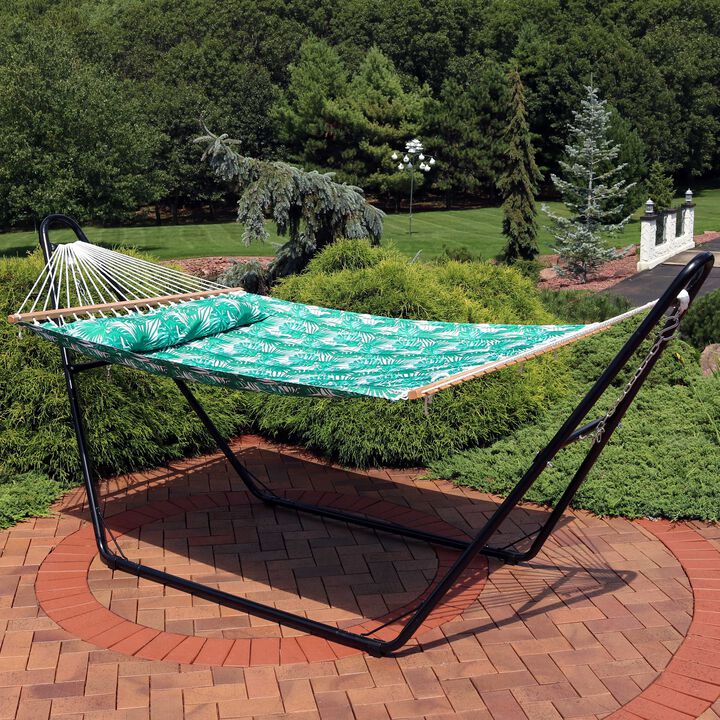 Sunnydaze Large Quilted Hammock with Spreader Bar and Pillow - Palm Leaves