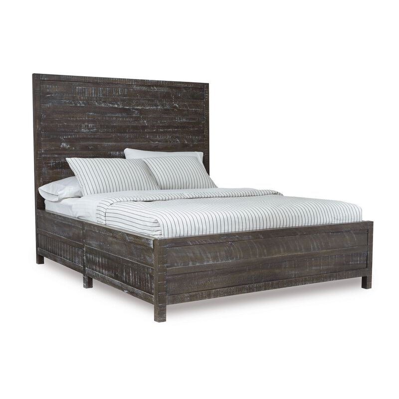Cas California King Bed, Rustic Rough Hewn Solid Wood Planks, Dark Gray - Benzara