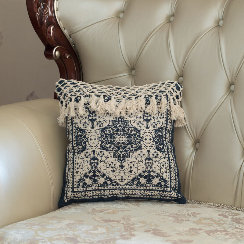 16" Handwoven Cotton Throw Pillow Cover with Traditional Pattern and Tasseled Top, Navy