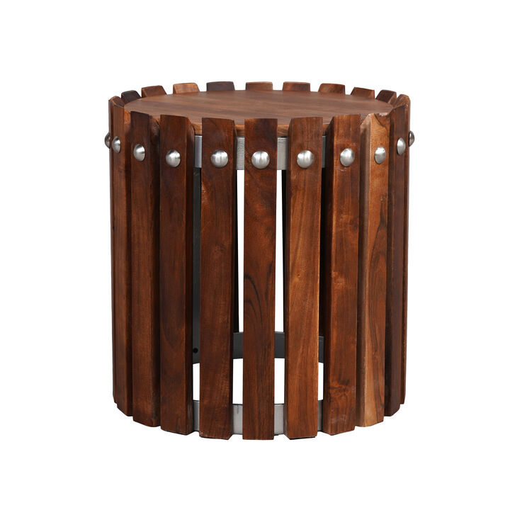 Myla 15 Inch Handcrafted Round Side End Table with Vertical Planks, Iron Rivets, Dark Walnut Brown Acacia Wood-Benzara
