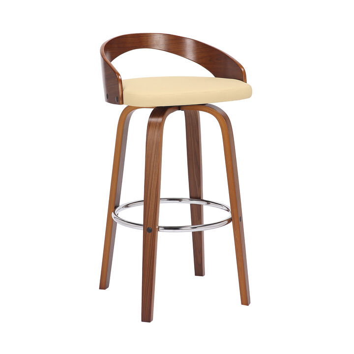 Hivvago 30 Inch Cream And Brown Faux Leather And Solid Wood Swivel Low Back Bar Height Bar Chair