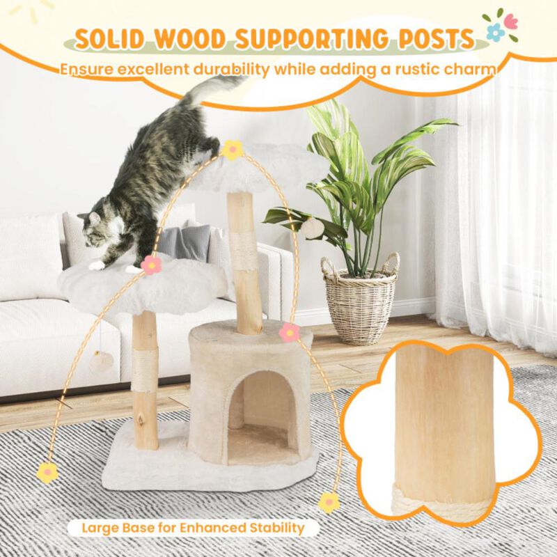 Hivvago Cute Solid Wood Cat Tree Natural Branch Modern Flower Cat Tower with Sisal Scratching Posts