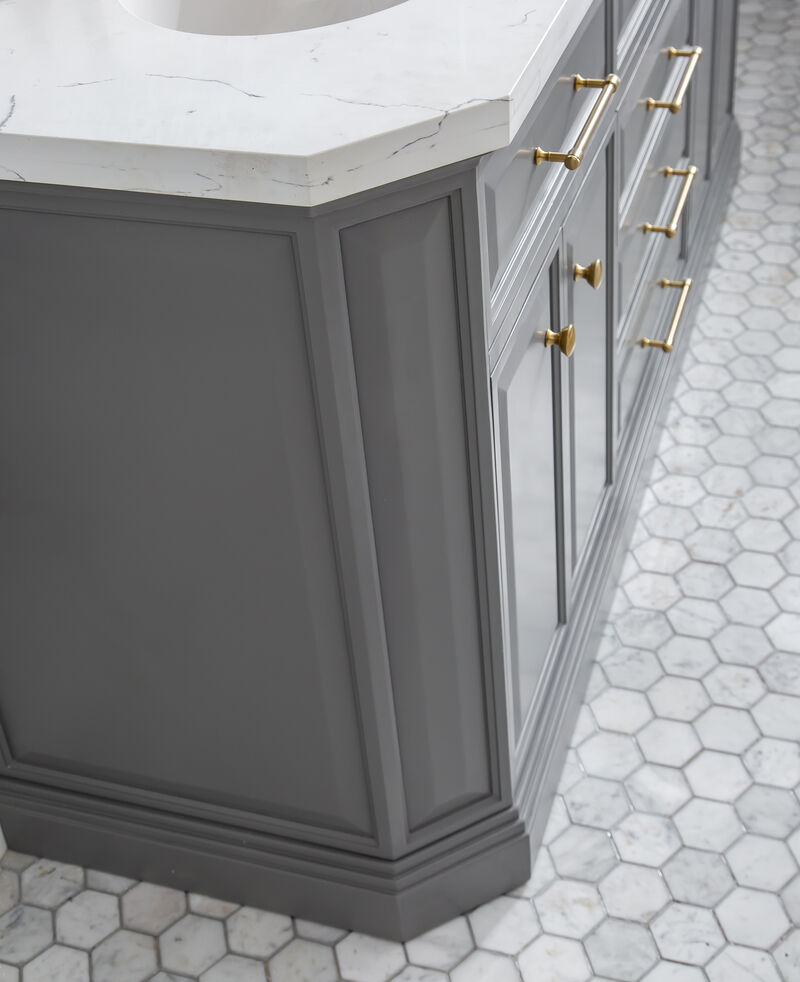 Palace 72 In. Double Sink Carrara Quartz Countertop Bath Vanity in Cashmere Grey with Satin Gold Hardware