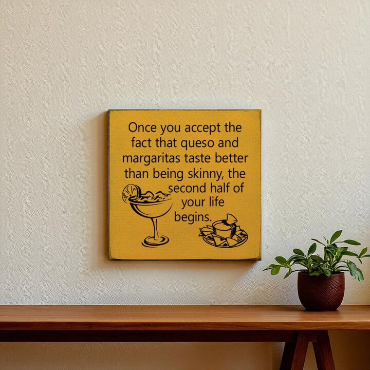 Funny Queso and Margarita Quote Wood Sign Kitchen Wall Decor