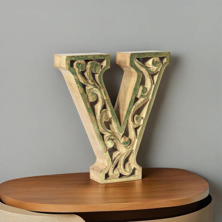 Vintage Natural Gold Handmade Eco-Friendly "V" Alphabet Letter Block For Wall Mount & Table Top Décor
