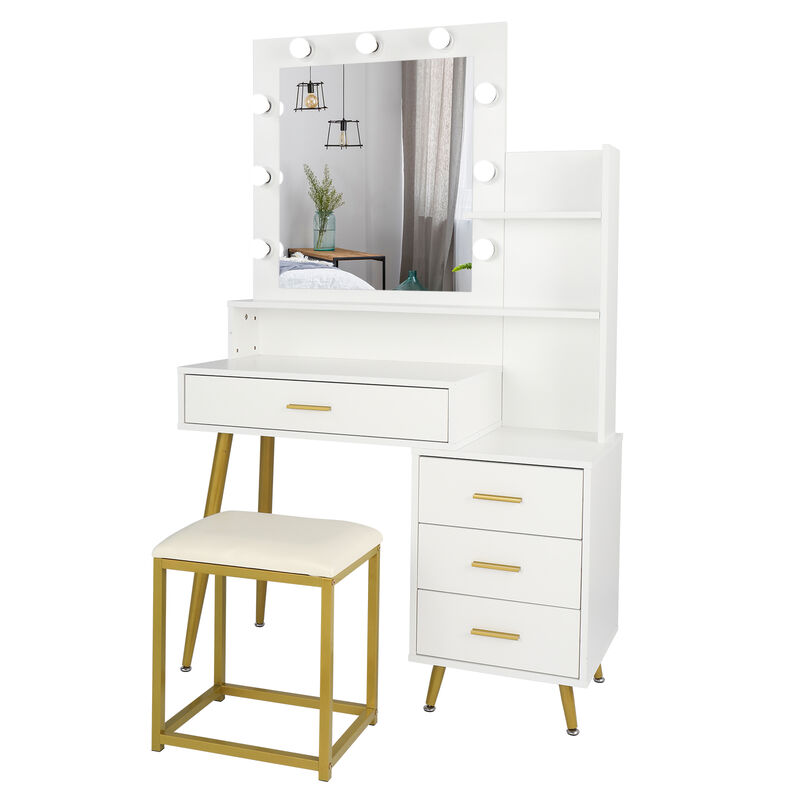 Makeup Vanity Set with 9 LED Bulbs, Dressing Table with Cushioned Stool, 3 Storage Shelves & 4 Drawers