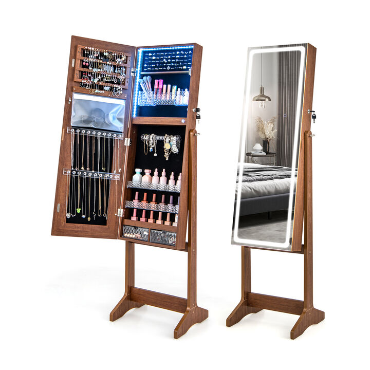 Lockable Jewelry Armoire Standing Cabinet with Lighted Full-Length Mirror