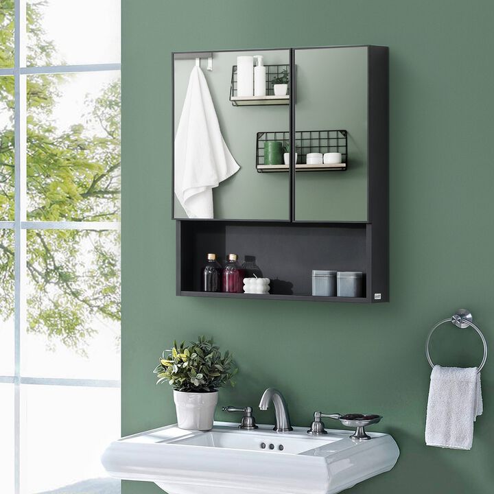 Black Bathroom Organizer: Wall-Mounted Double Door Medicine Cabinet