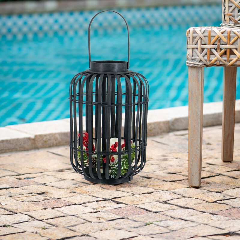 Clihome 9.3x9.3x13.8" Black Bamboo Lantern with White LED Candle