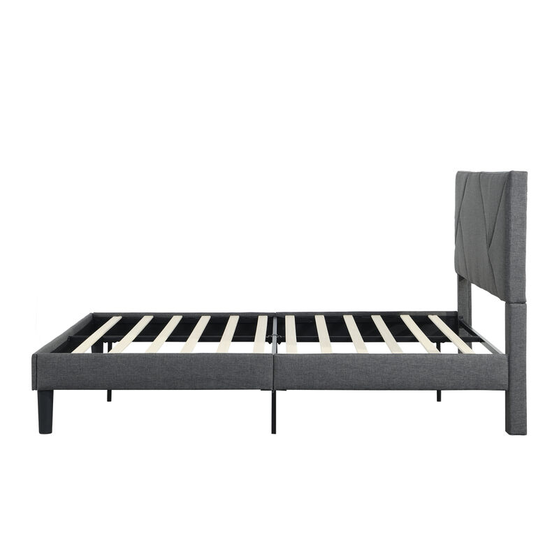 Queen Size Upholstered Platform Bed Frame with Headboard, Strong Wood Slat Support, Mattress Foundation, No Box Spring Needed, Easy Assembly, Gray