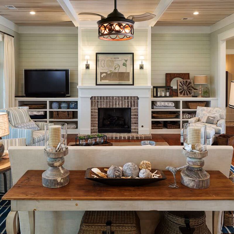 36" Metal Retractable 3-Blade Ceiling Fan Chandelier with Wall Switch