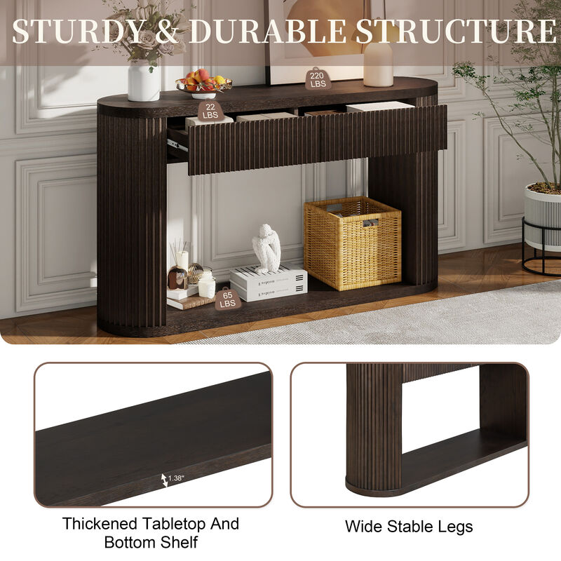 Merax Oval Fluted Rubber Wood Console Table with 2 Drawers & Open Bottom Shelf image number 6