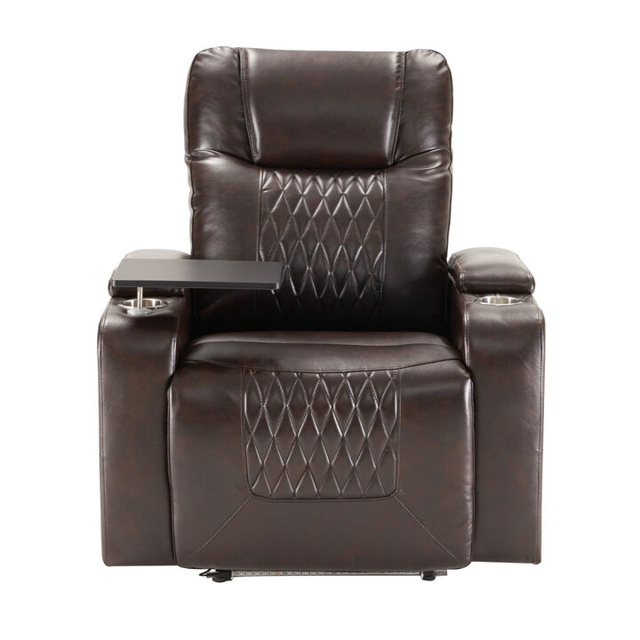 Power Motion Recliner with USB Charging Port and Hidden Arm Storage 2 Convenient Cup Holders Design and 360  Swivel Tray Table, Brown